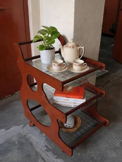 Wooden Serving Trolley with Glass Shelves