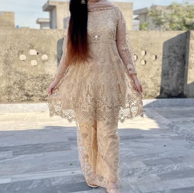 3 PC Heavy embroidered net suit Beautiful pearl, sequins & mirror work