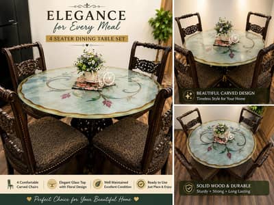 4 Seater Solid Wooden Carved Dining Table with Glass Top