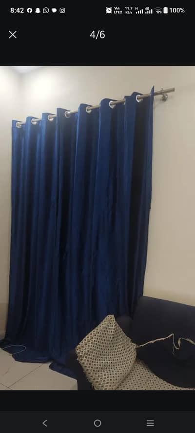 4 Royal Blue velvet curtains with silver rings & gently used