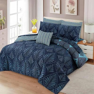 Blue Printed Cotton Comforter Set For Double Bed