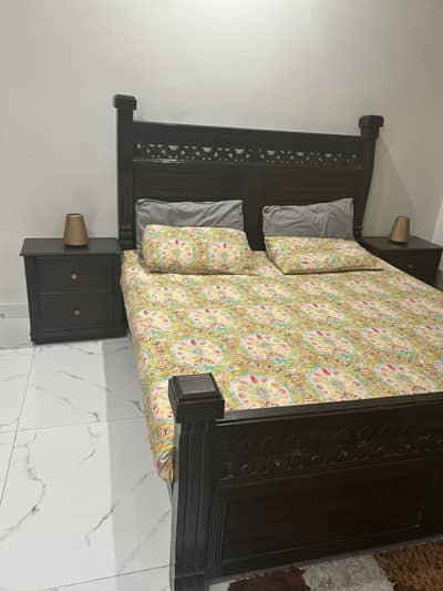 King Sized Wooden Bed with Side Table and Mattress