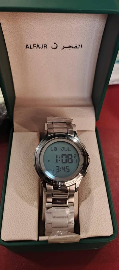 Original ALFAJR Round Digital Watch - Azan Qibla Hijri - Steel Strap`