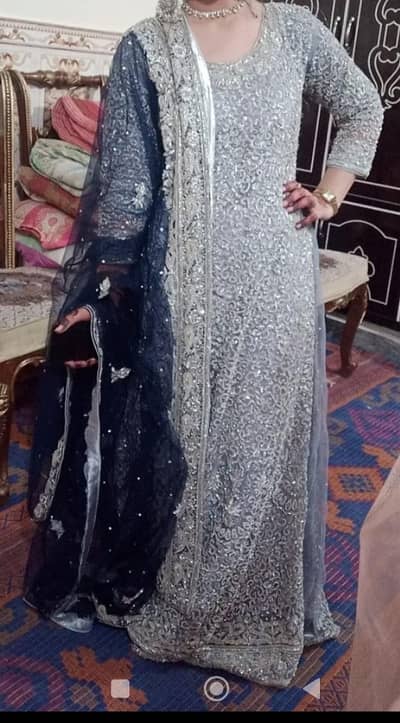 Heavy Embroidered Silver Grey Maxi with Net Dupatta