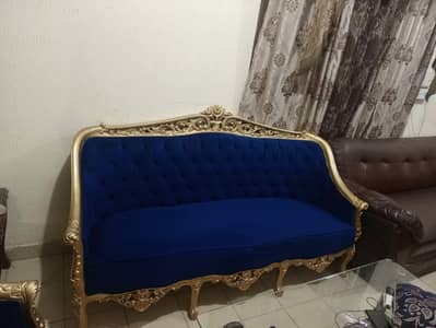 Royal Style 5-seater sofa - Blue Velvet with Golden frame