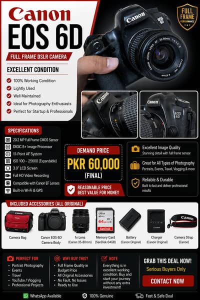 Canon EOS 6D Full Frame DSLR | 64GB Card + Lens + Bag | Complete Kit |