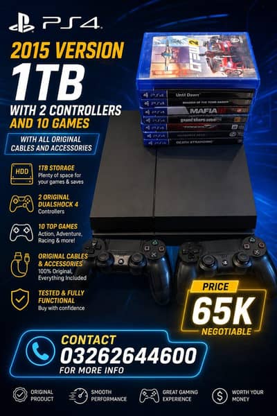 PS4 2015 VERSION (1TB) WITH ORIGNAL CONTROLLERS AND ACCESSORIES