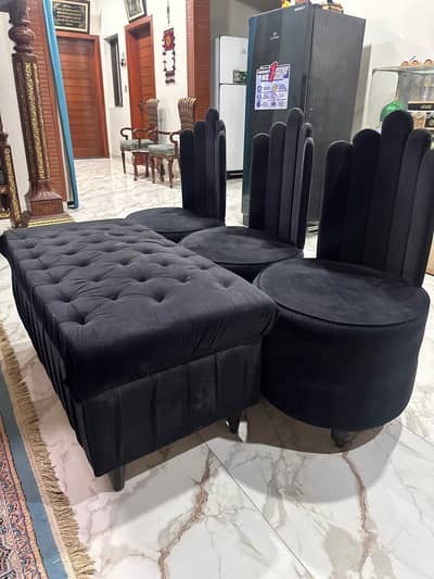 Premium Black Velvet Accent Chairs with Center Bench