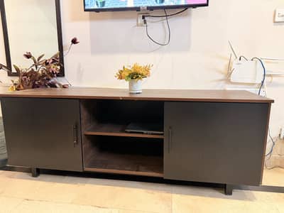 brown and black console table