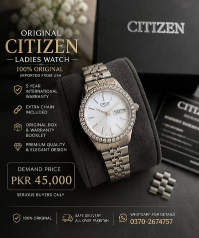 Original Citizen Ladies Watch|Imported from USA|Box,Warranty & Chain|