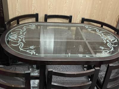 6 Seater Wooden Dining Table with Glass Top – Good Condition