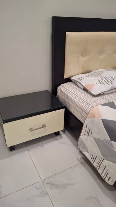 Wooden Bed with Side Table and Queen-Size Spring Mattress