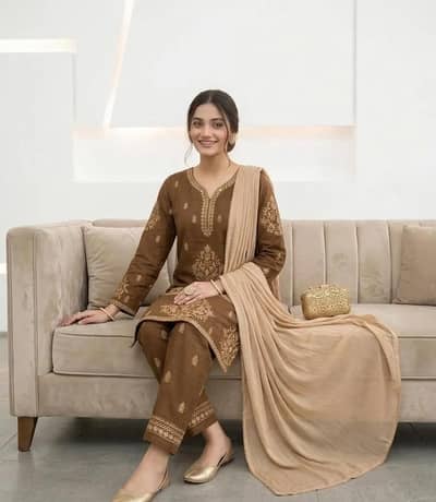 Brown Embroidered 3 piece Cotton lawn Suit for women