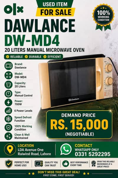 Dawlance DW-MD4 20 Liters Manual Microwave Oven – Used for Sale