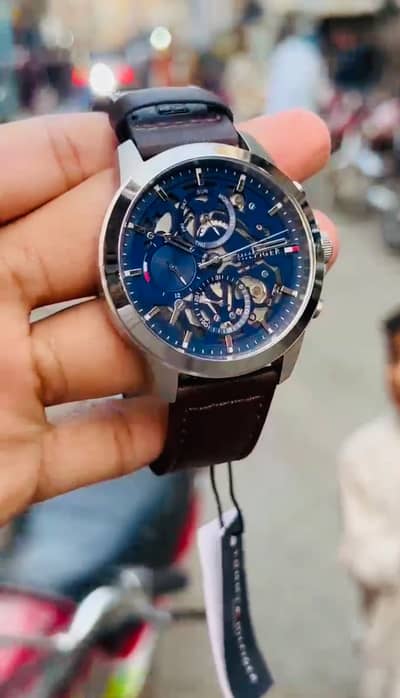 Tommy Hilfiger Men100% Original Quartz Brown Leather Strap Blue Dial
