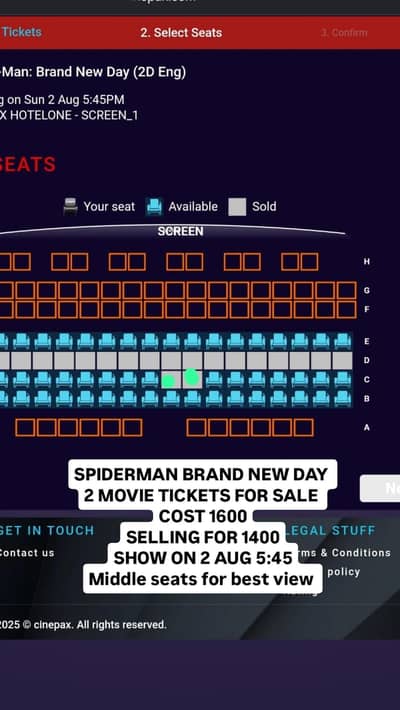 2 tickets SPIDER MAN BRAND NEW DAY