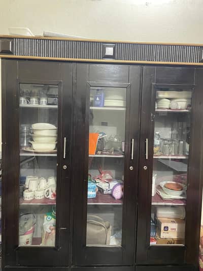 Used 3-Door Wooden Crockery Showcase / Bartan Wali Almari for Sale