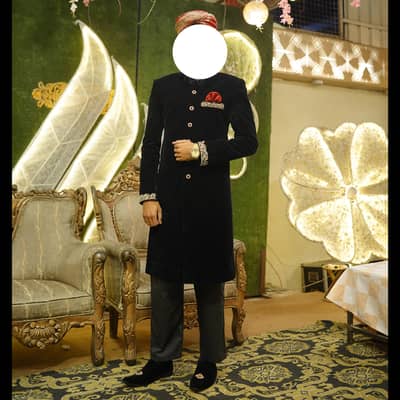10/10 Condition Jet Black Plain Velvet Sherwani available for sale
