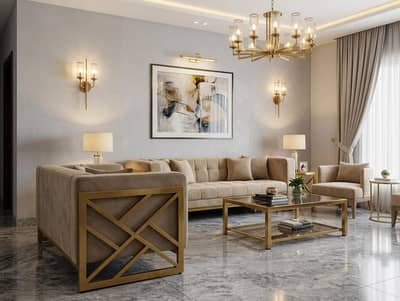 Premium 5- Seater Luxury Sofa Set With Gold Geometric Metal Accents