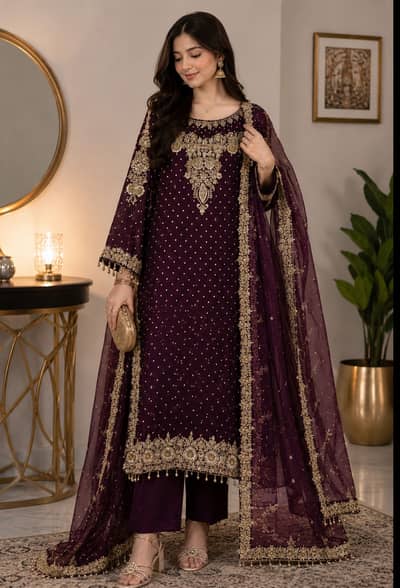 Heavy Embroidered Long Shirt with Trouser & Dupatta
