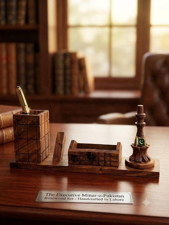 Carved Minar e Pakistan Wooden Desk Organizer, Premium Office Set, Historical Look Office Set.