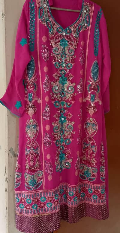 Beautiful Shocking Pink Fancy Embroidered Suit - Size Medium