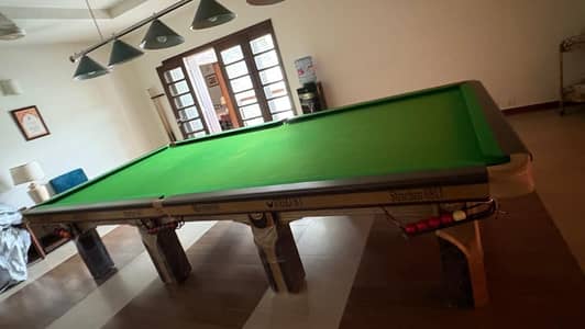 Snooker table with lights balls and cues