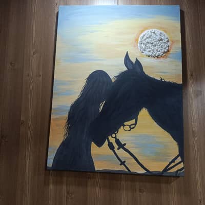Beautiful Handmade Painting - Girl and Horse Sunset Silhouette Art