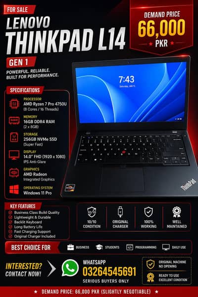 Lenovo Thinkpad L14, Ryzen 7 pro 4750U 16Gb ram