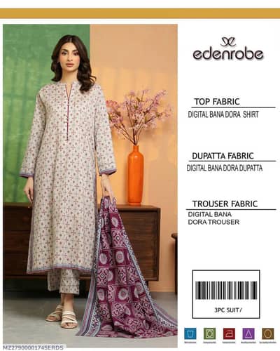 Edenrobe Digital Print 3-Piece Lawn Suit for Women