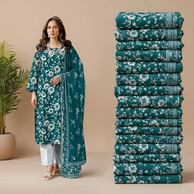 3 Piece Unstitched Printed Lawn Suit - Premium Teal Floral Collection
