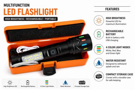 Rechargeable LED Flashlight with 4 Color Light Modes