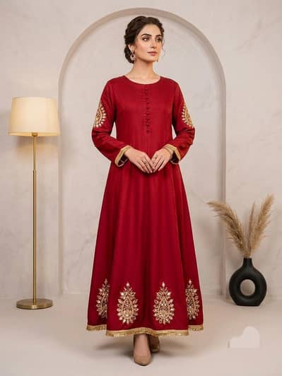 Beautiful Maroon Long Frock with Gold Embroidery & Mirror Work