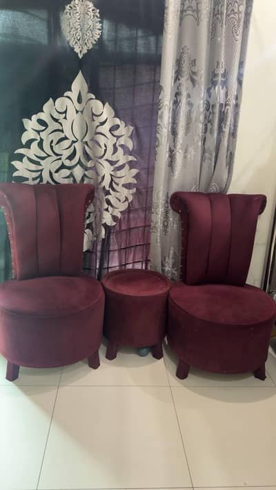 Luxury Burgundy Velvet Accent Chairs + Ottoman Set