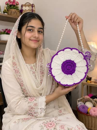 Handmade Crochet Flower – White & Purple Round Shoulder Bag
