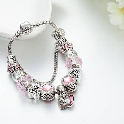 pink heart charm bracelet for women daily wear