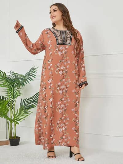 Plus Size Embroidered Printed Long Kurti - Apricot - XXL