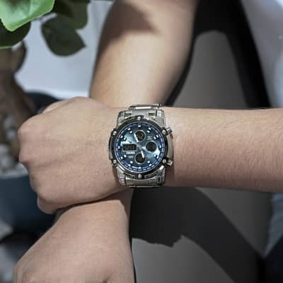 dual time digital stainless watch