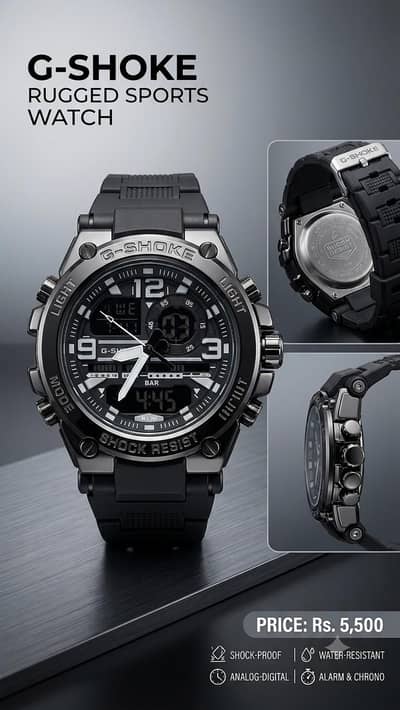 Brand New C-Shoke Rugged Sports Watch (Analog & Digital) - Black