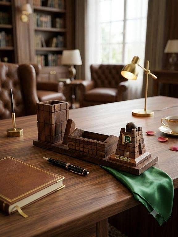 Quaid-e-Azam Mazar Carved Wooden Desk Organizer | Office Table Pen Holder Set | Handmade Office Display Set.
