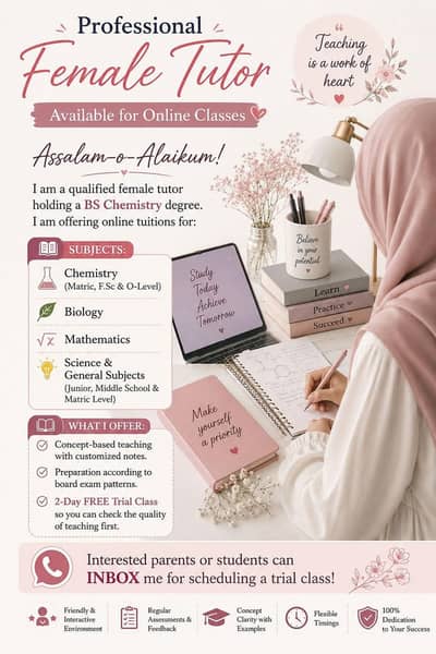 Professional Female Online Tutor (BS Chemistry / 6 Years Experience)