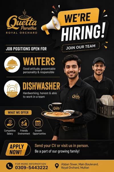 Need Waiter and Dishwasher for Our Restaurant