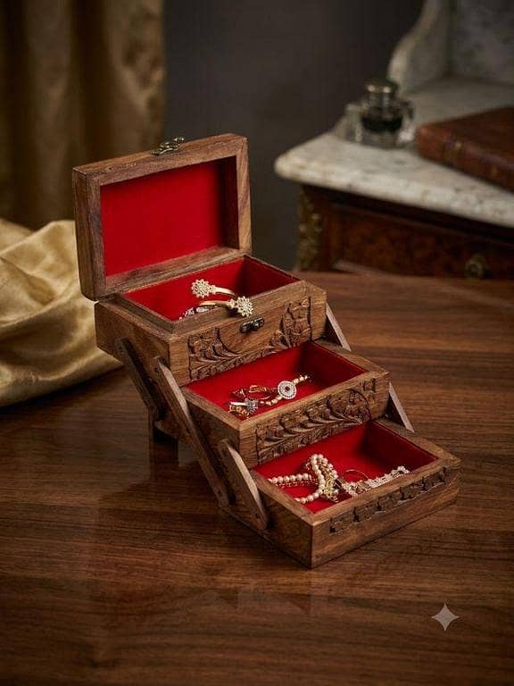 3 Tier Small Carved Wooden Trolley Box | Multi-Layer Jewelry & Cosmetic Organizer | Handmade Box For Dressing Table.