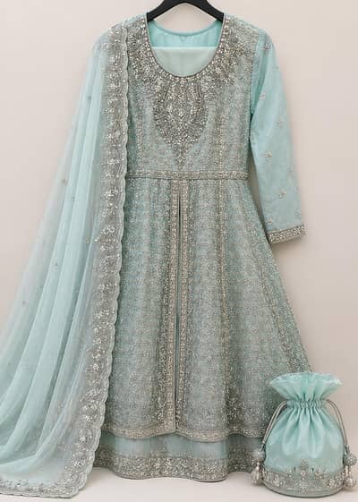 Luxury Ice Blue Embroidered Maxi With  Dupatta & Matching Potli