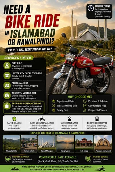 Bike Ride, University Drop & Tourist Guide – Islamabad