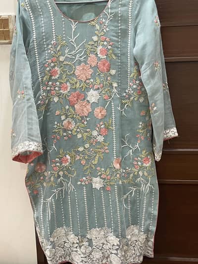 Fully embroided 3 piece cotton net dress with no defect