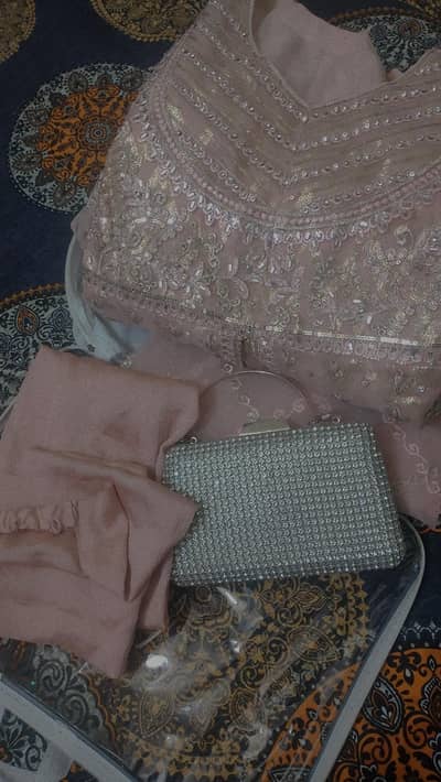 baby pink valima maxi with matching clutch and free hijab & niqab set.