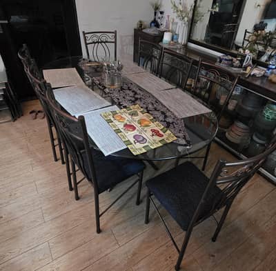 Elegant 8-Seater Glass Top Dining Table with 8 Matching Metal Chairs