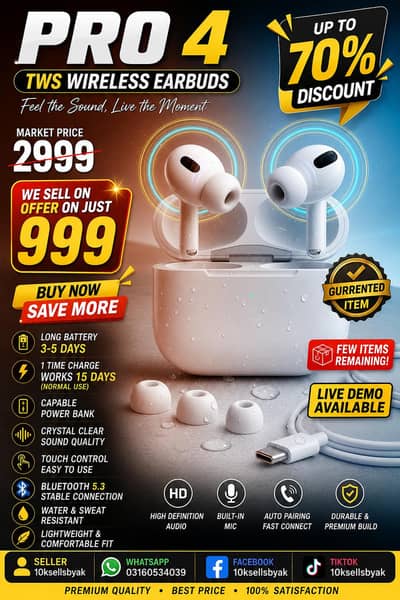 Pro 4 TWS Earbuds | Long Battery | Live Demo Available | Rs. 999