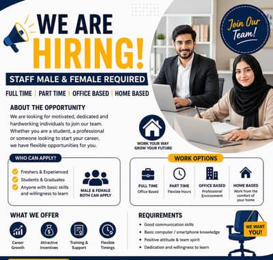 hiring staff male and female for office work, home base work